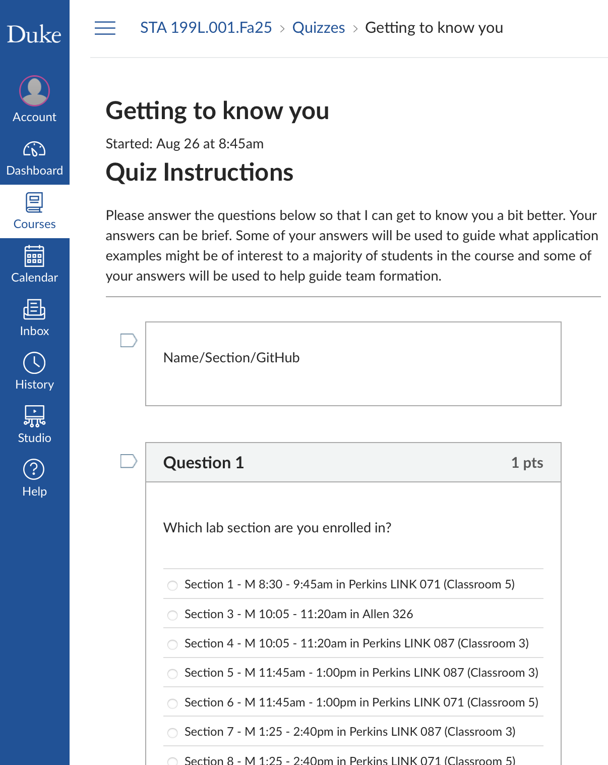 Screenshot of Getting to know you survey on Canvas.